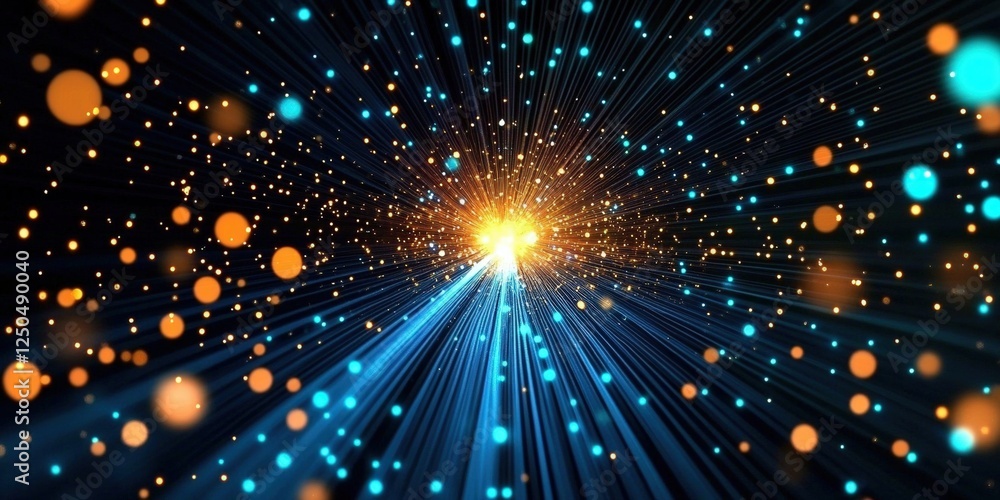 Poster vibrant blue and orange light rays burst with sparkling particles against a dark background for dyna