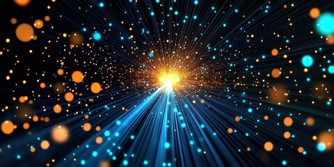 Obraz premium Vibrant Blue and Orange Light Rays Burst with Sparkling Particles against a Dark Background for Dynamic Visual Effects