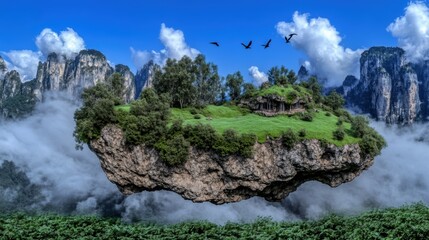 A floating island with greenery and mountains under a blue sky.