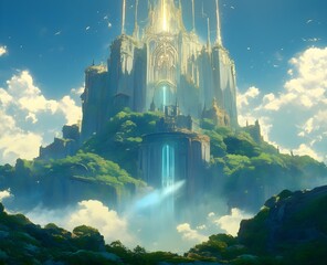 A fantasy anime-style Fortress of Solitude glowing with ethereal radiance