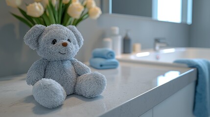 Blue teddy bear on bathroom counter, towels, flowers in background