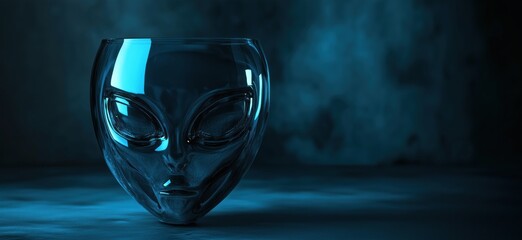 Alien face glass sculpture with blue lighting and textured background, copy space for text