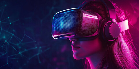 Futuristic Woman Using Augmented Reality Glasses in High Tech Digital World