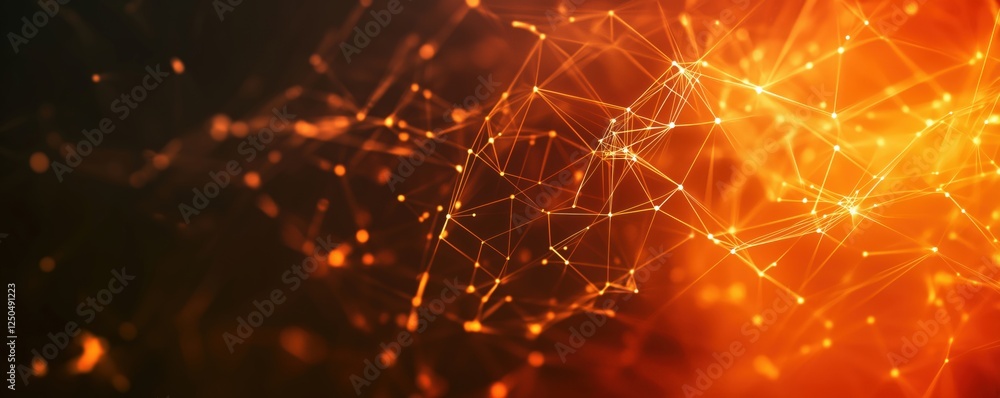 Poster abstract orange and black network background with glowing connections and nodes, copy space for text