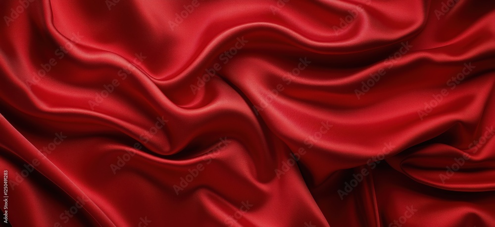 Poster luxurious red satin fabric with elegant draping and smooth texture, copy space for text