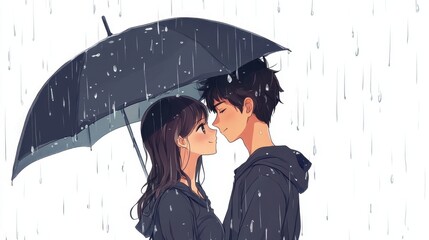 Fototapeta premium Rainy Day Romance: A tender moment between a young couple sharing an umbrella under a gentle rain, their eyes locked in sweet intimacy. The illustration style is soft and romantic.