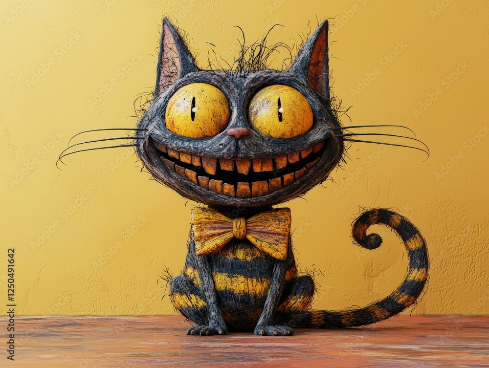 Poster mischievous cat with striped tail in 3d rendering style, bright yellow background and vibrant featur