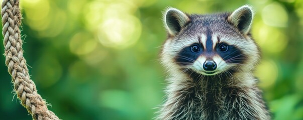 Obraz premium Adorable raccoon portrait with soft bokeh background in natural habitat, copy space for text