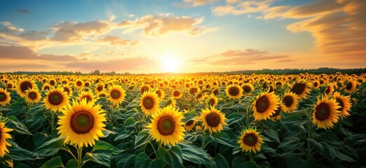 Obraz premium Vibrant sunflower field at sunset with golden light and dramatic clouds, copy space for text