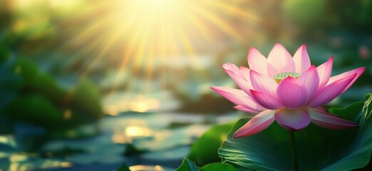 Beautiful pink lotus flower blooming in serene pond with sunlight rays, copy space for text