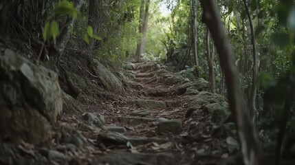 Obraz premium Mysterious Forest Trail: A Rocky Path Through Lush Greenery Adventure