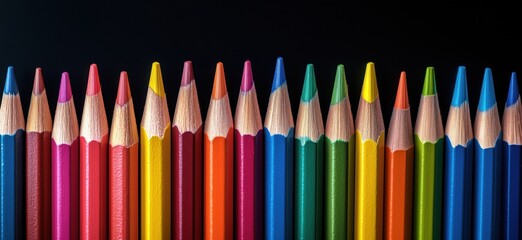 Colorful arrangement of sharpened colored pencils on black background, copy space for text