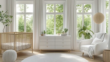 Fototapeta premium Bright nursery with crib, armchair, leafy window view