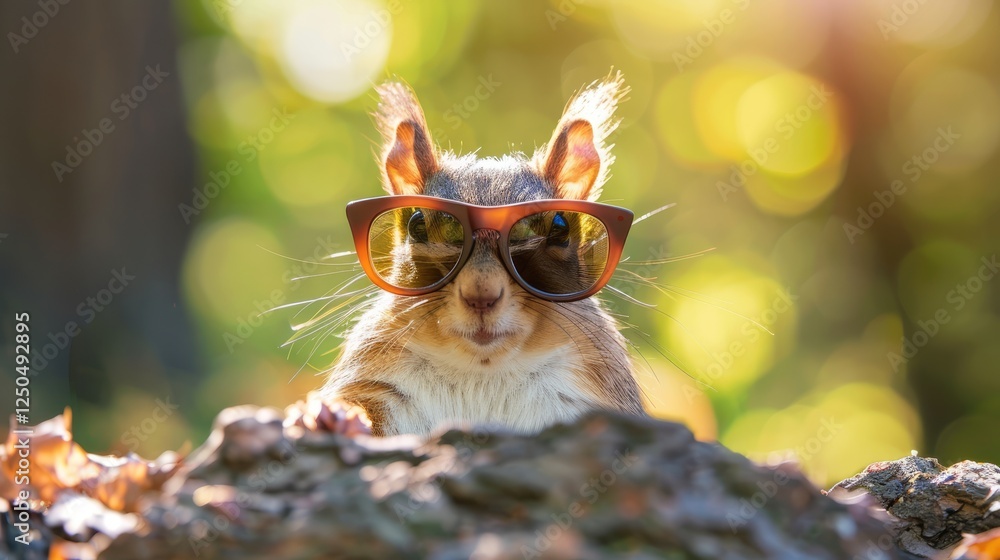 Canvas Prints Squirrel wearing sunglasses poses playfully on a log in a sunlit forest, with bokeh background creating a cheerful atmosphere