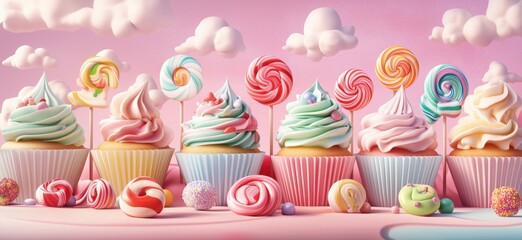 Colorful cupcakes with swirled frosting and candy decorations on pastel background, copy space for text