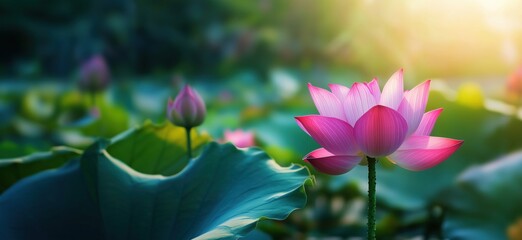 Beautiful pink lotus flower blooming in serene pond with lush green leaves, copy space for text