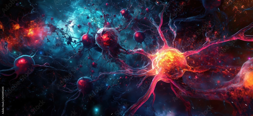 Poster colorful depiction of neurons in a cosmic environment showcasing neural connections and activity, co