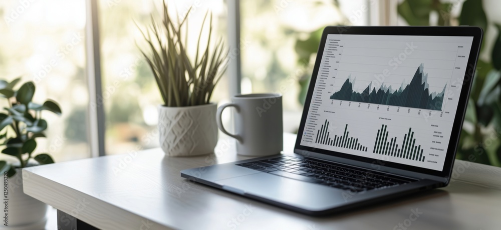 Poster data analysis on laptop screen with graphs and charts in modern workspace, copy space for text