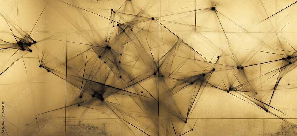 Poster abstract network connections with black lines and nodes on golden background, copy space for text