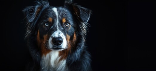 Naklejka premium Australian shepherd dog portrait with striking eyes and detailed fur against dark background, copy space for text