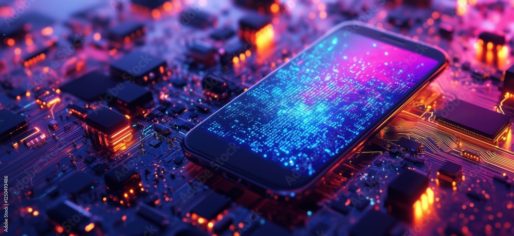 Poster smartphone on circuit board with colorful digital display and glowing components, copy space for tex