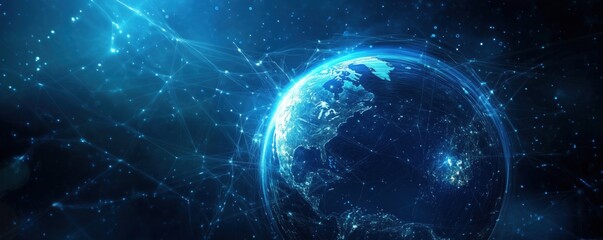 Digital representation of Earth with glowing connections and cosmic background, copy space for text
