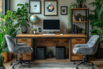 Modern home office with height-adjustable standing desk, walnut wood top, file cabinet, globe, ambient lighting, and decor