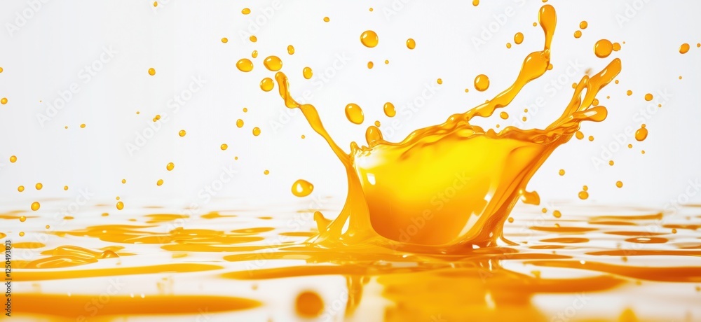 Poster vibrant orange liquid splash creating dynamic droplets in a bright background, copy space for text