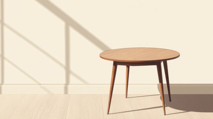 Round wooden table in sunlit room, minimalist design, interior design mockup