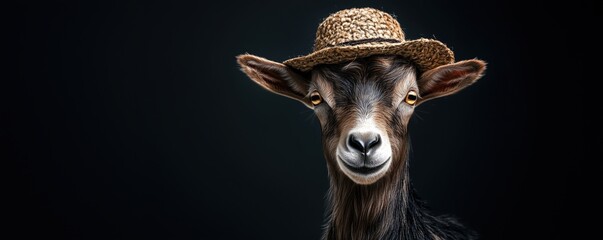 Fototapeta premium Goat wearing straw hat with charming expression against dark background, copy space for text