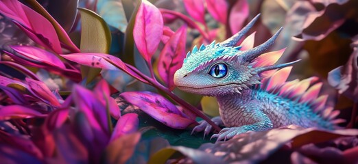 Colorful fantasy dragon resting among vibrant foliage in magical garden, copy space for text © Vergiliy