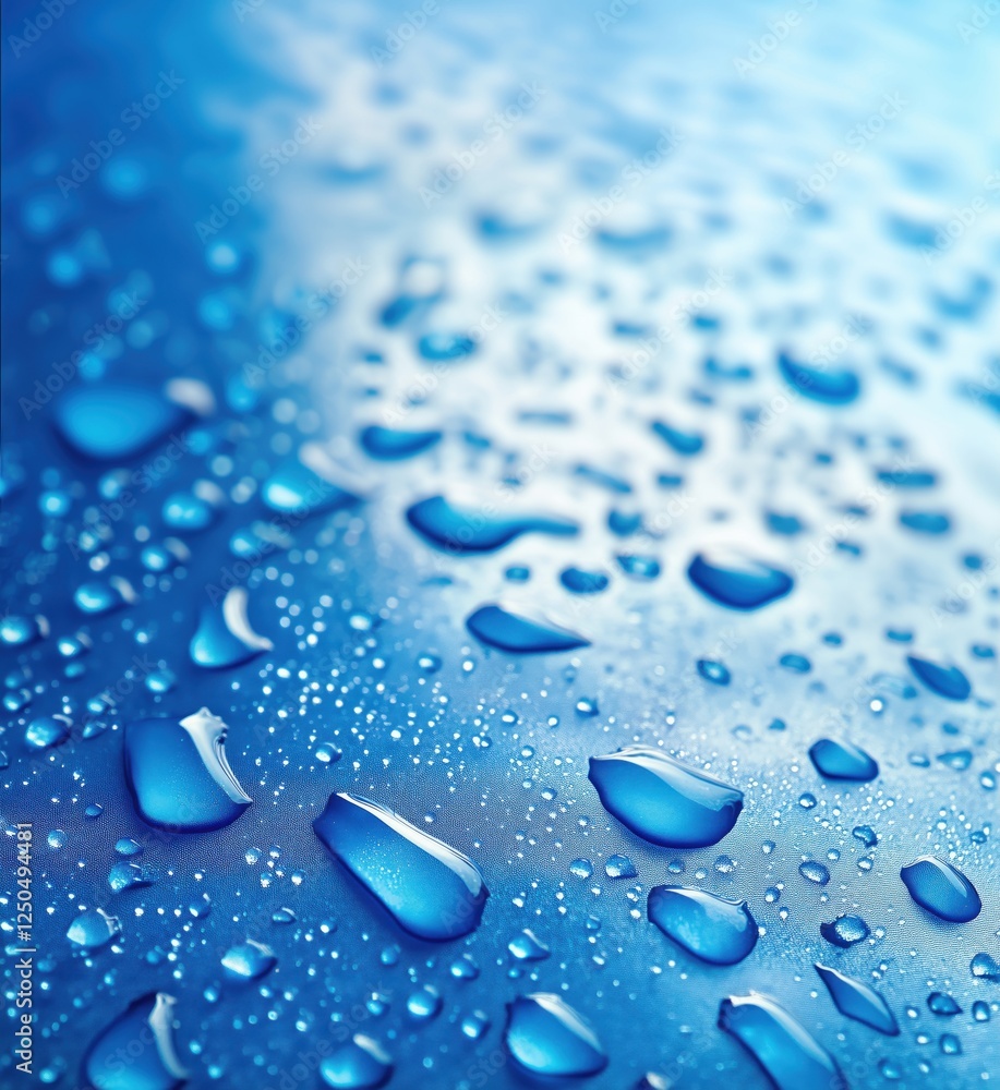 Aufkleber close-up of water droplets on a smooth blue surface creating a serene atmosphere, copy space for tex