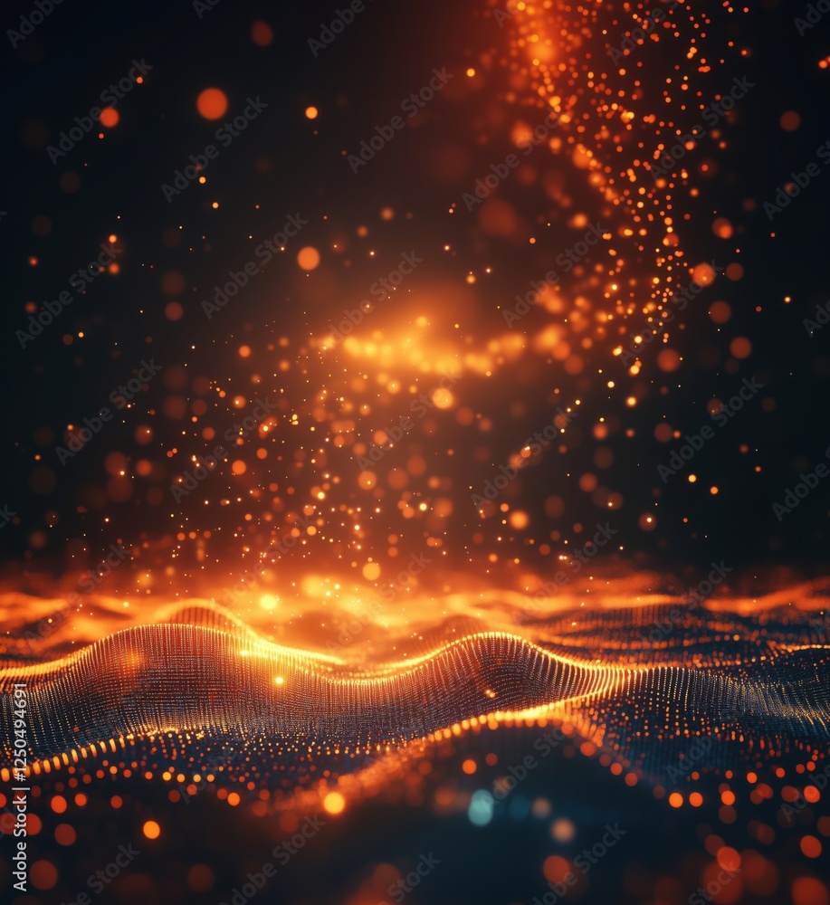 Poster abstract glowing particles creating waves in dark background with orange hues, copy space for text
