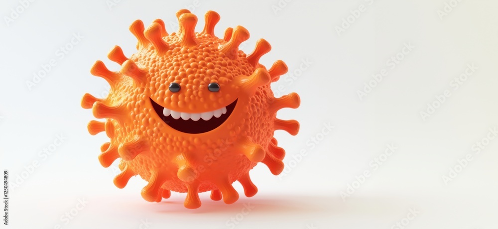 Poster smiling cartoon virus character with orange spikes and cheerful expression, copy space for text