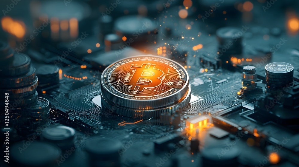 Poster shiny bitcoin cryptocurrency symbol on futuristic circuit board background with electronic component