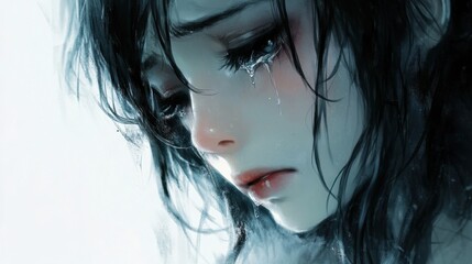 Fototapeta premium Tears of Sorrow: A poignant portrait of a young woman with flowing dark hair, her face etched with sorrow as tears stream down her cheeks.