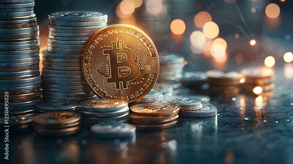 Poster stacks of shiny golden bitcoin cryptocurrency coins on a dark background with blurred bokeh lights r