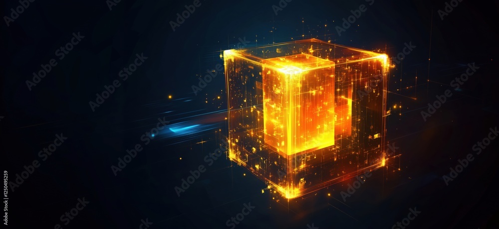 Poster glowing digital cube with luminous particles and futuristic design elements, copy space for text