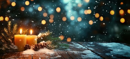 Warm candlelight and festive decorations create cozy winter atmosphere, copy space for text