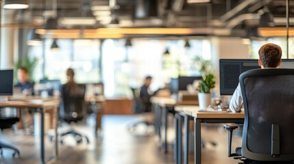 In a dynamic workspace filled with professionals, individuals are focused on their tasks at desks, while natural light floods the room, creating an inviting atmosphere for productivity and teamwork