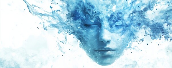 Surreal water face art with flowing blue liquid and serene expression, copy space for text