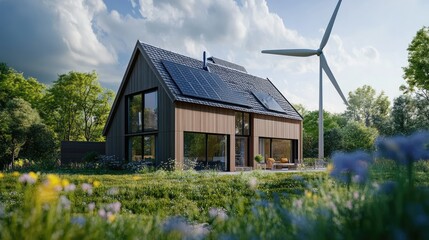 Obraz premium Sustainable Living: Modern Home Powered by Solar and Wind Energy in Nature