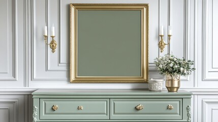 Elegant Green Sideboard with Gold Mirror and White Flowers Decor