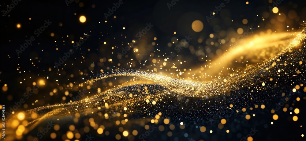 Poster golden glittering particles creating a mesmerizing wave effect on dark background, copy space for te