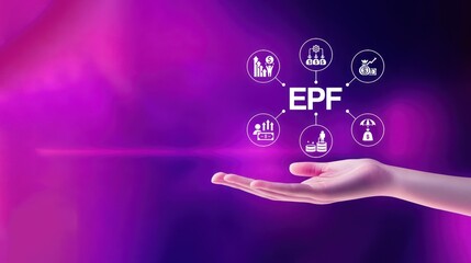 Hand holding an icon surrounded by multiple icons on a purple background highlighting Employee Provident Fund, EPF account features, employee benefits, and employee savings