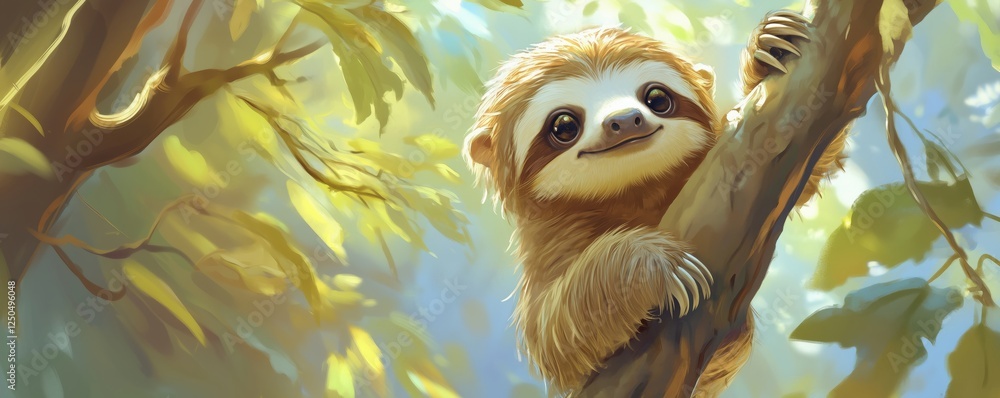 Poster cute sloth smiling while climbing a tree in a lush green forest environment, copy space for text