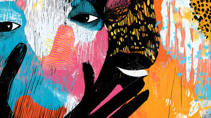 A colorful, abstract illustration with bold shapes and patterns that evoke joyous energy. The artwork features vibrant colors like orange, pink, blue, white, yellow, and black, creating an atmosphere 