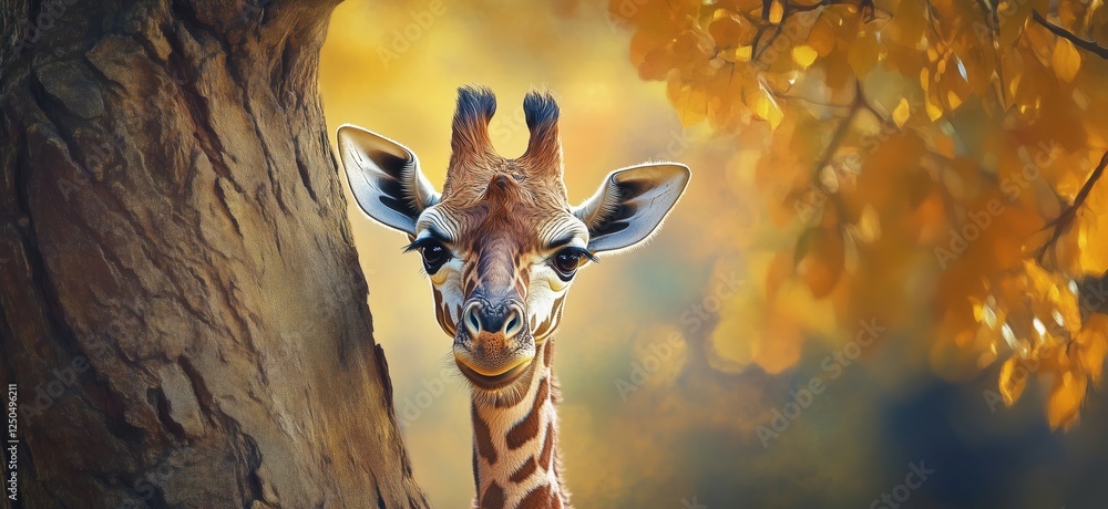 Poster giraffe peeking from behind tree with autumn foliage in background, copy space for text