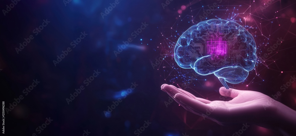 Poster artificial intelligence concept with digital brain and hand holding technology, copy space for text
