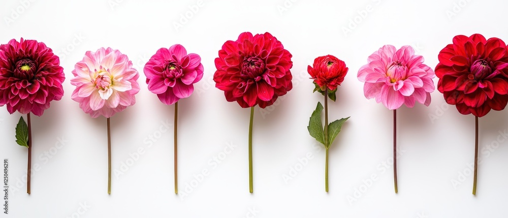 Poster minimalistic display of colorful dahlias in a row on a white background with delicate floral accents